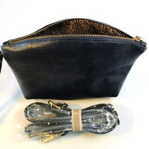 Leather Convertible Purse - Leopard Print Interior, Dark Blue ,Top Zip